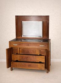 Comò d’epoca compatto con marmo nero e specchio