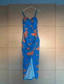 Vestito midi blu elettrico a fiori con spacco