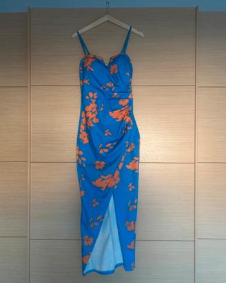 Vestito midi blu elettrico a fiori con spacco