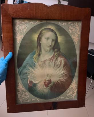 Antico quadro sacro cuore di gesu legno anni 40