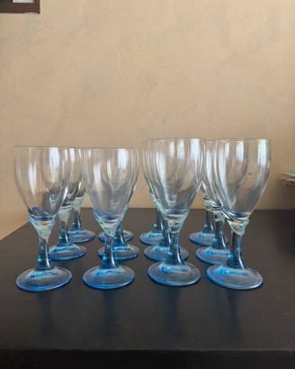 Set 12 calici vetro gambo blu, vintage