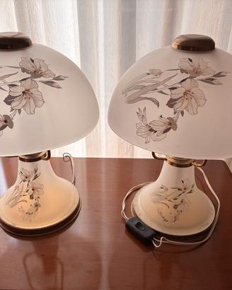Coppia Lampade Comodino Vintage Vetro Fiorato
