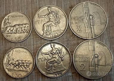 #2218 – 6 monete da 50c, 1 e 2 LIRE “BVONO” Regno