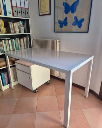 Scrivania in acciaio bianco e vetro satinato