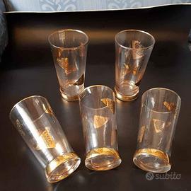 Set  5 bicchieri in vetro decorato, altezza cm 14