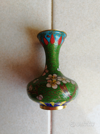 Vaso cloisonne cinese verde policromo XIX sec. Vin