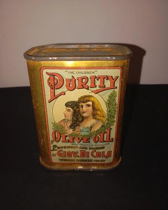 latta vintage per olio d'oliva del marchio Purity,