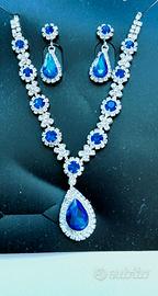 Parure elegante 3 pezzi strass argento zaffiro