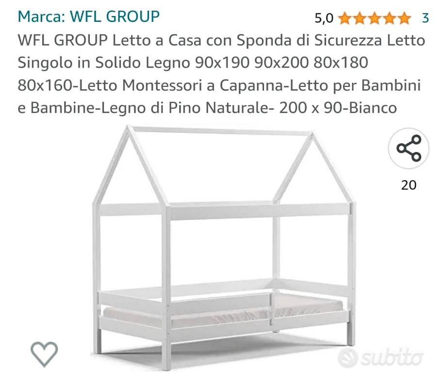 WFL GROUP Letto a Casa con Sponda di Sicurezza Letto Singolo in Solido  Legno 90x190 90x200 80x180 80x160-Letto Montessori a Capanna-Letto per  Bambini e Bambine-Legno di Pino Naturale- 200 x 90-Bianco 