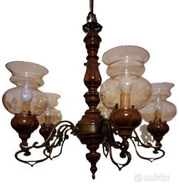 Lampadario in Legno Ottone Vetro Ambra 5 luci