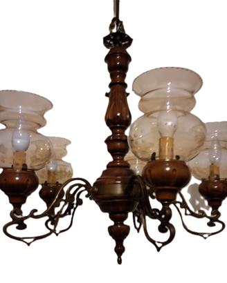Lampadario in Legno Ottone Vetro Ambra 5 luci