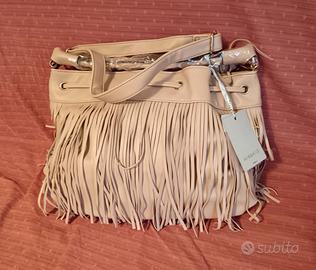 Borsa beige Risskio con frange centrali vera pelle