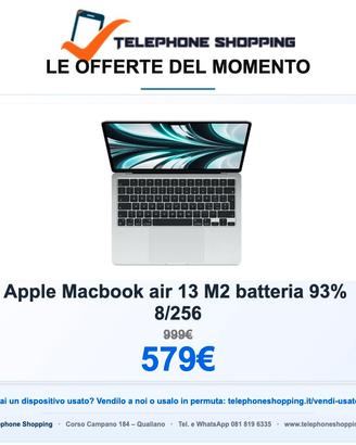 Apple Macbook air 13 M2 batteria 93% 8/256