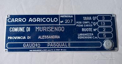 Targa identificativa per carro agricolo 1959
