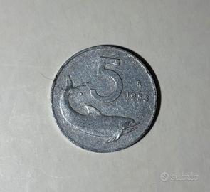 Moneta Delfino 5 Lire del 1953