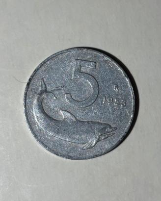 Moneta Delfino 5 Lire del 1953