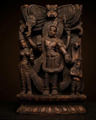 Pannello Intagliato Indiano Dei Vishnu Lakshmi