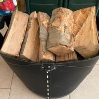 CESTO IN CUOIO + ATTREZZI X CAMINO + LEGNA