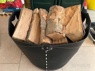 CESTO IN CUOIO + ATTREZZI X CAMINO + LEGNA