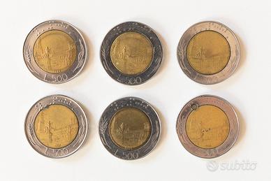 Lotto 6 monete italia 500 lire anni 1985-1991