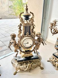 Trittico Orologio e Candelabri epoca in bronzo