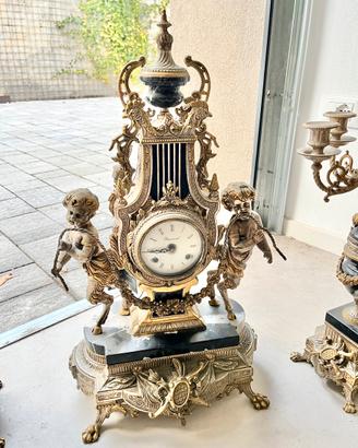 Trittico Orologio e Candelabri epoca in bronzo