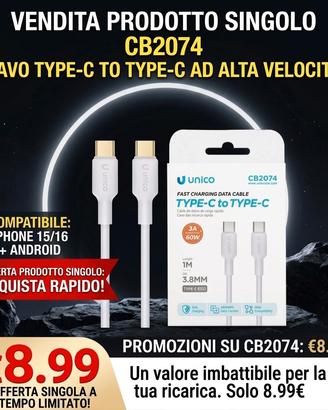Cavo Type-C a Type-C (60W PD) Per iPhone Samsung