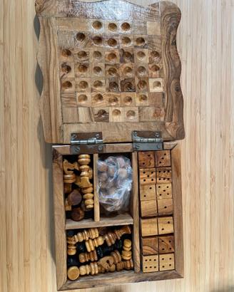 Cofanetto scacchi, dama, domino, in legno