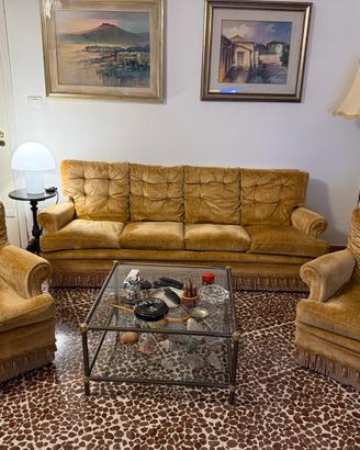 Salotto Vintage Velluto Ocra e Piuma d'Oca 3 pezzi