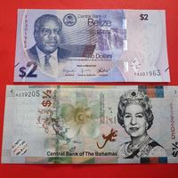 Coppia banconote Caraibi Dollari Belize e Bahamas 