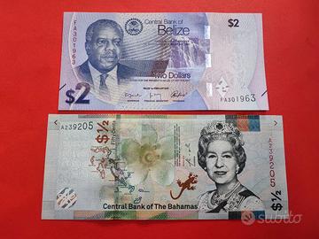 Coppia banconote Caraibi Dollari Belize e Bahamas 