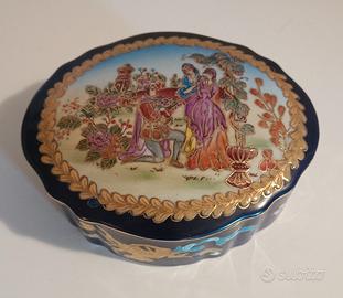 Scatola portagioie porcellana blu e oro vintage