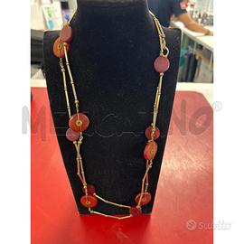 COLLANA VINTAGE LUNGA DORATA CON PERLINE ROSSE