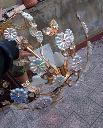 Lampadario oro dorato ottone cristallo vetro fiori
