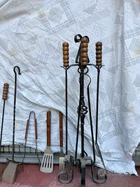 set attrezzi camino vintage in ferro battuto