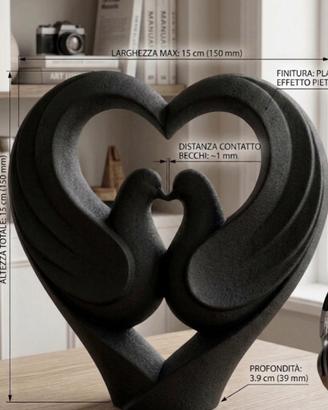 Statua Cigni Cuore Nera Design Moderno Ceramica