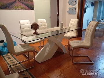 tavolo in vetro temperato con base in legno con 6 