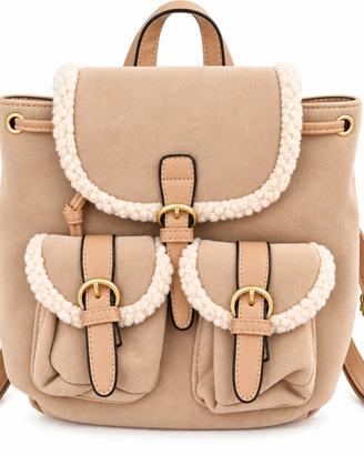 Zaino Donna Beige Suede Teddy con 2 Tasche