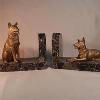 Coppia reggilibri con cani metallo e marmo