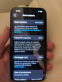 iPhone 15 128 gb  – 99% batteria – Scontrino