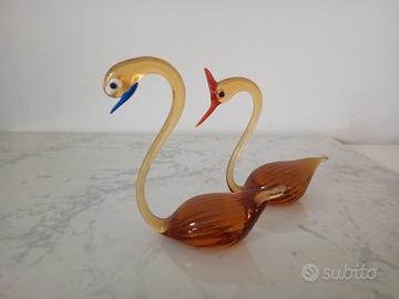due statuine di cigni in vetro di murano 