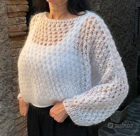 Maglione traforato fatto a mano in mohair -Bianco