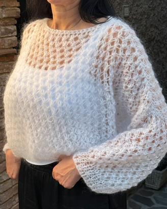 Maglione traforato fatto a mano in mohair -Bianco