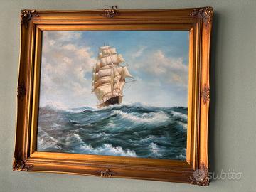 Quadro dipinto a mano olio su tela veliero