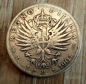 #1912-Una Moneta 1 Lira 1907 Argento Regno Italia