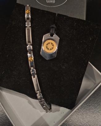 Bracciale e ciondolo uomo, acciaio e oro.  