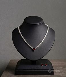 Set Collana Tennis + Orecchini Cuore Rosso