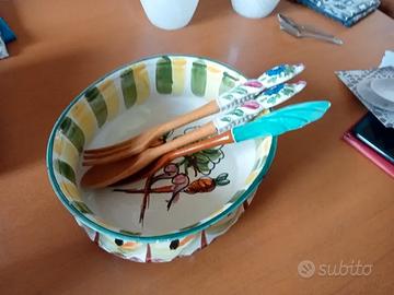 Insalatiera vintage + 3 posate in legno e ceramica