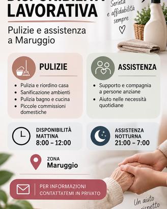 Pulizie e assistenza anziani mattina e notte