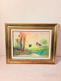 Quadro paesaggio bucolico con cornice dorata